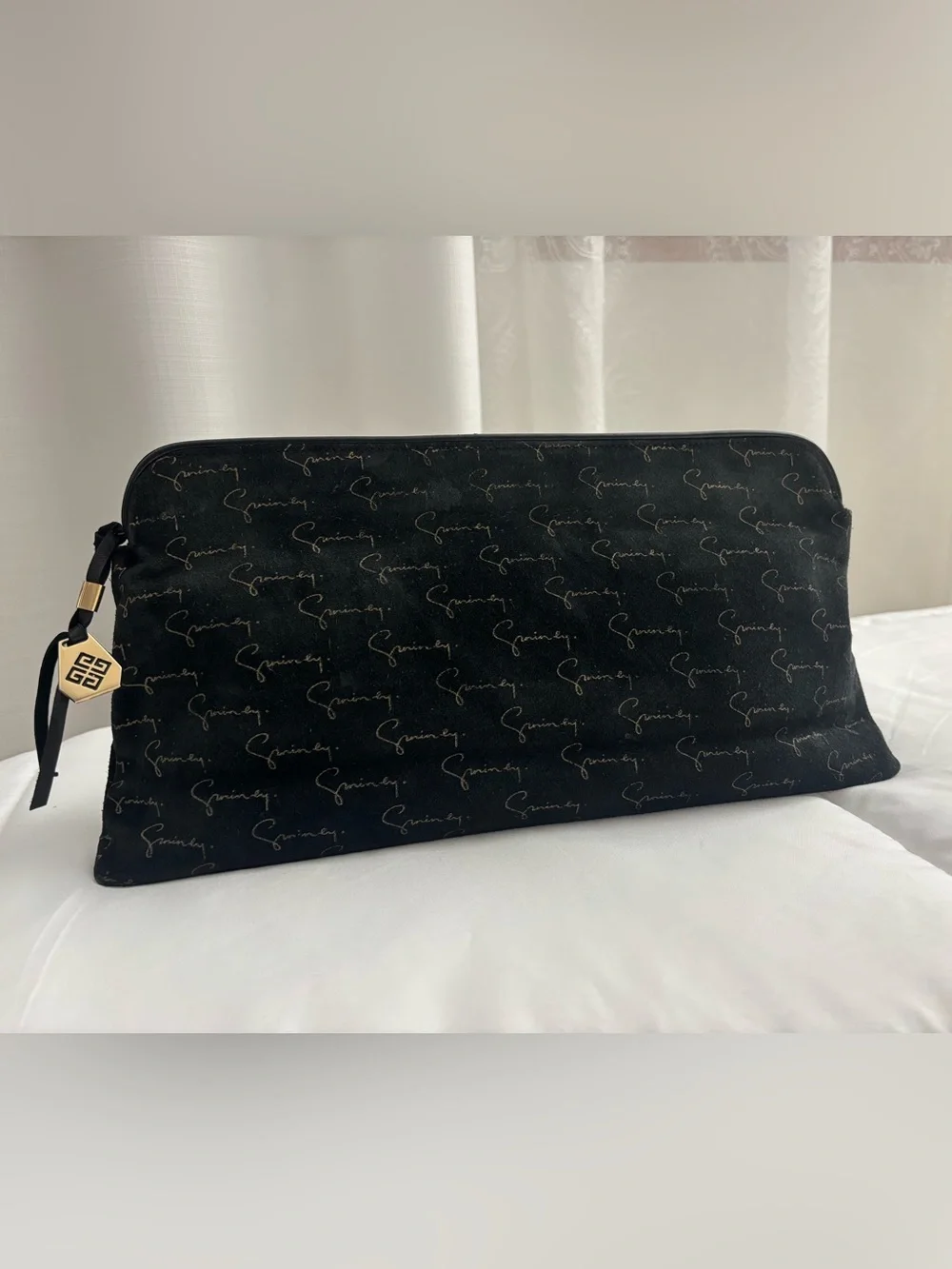 Givenchy Vintage Clutch/Pouch, Gold Signature on Black Suede 13x7x2